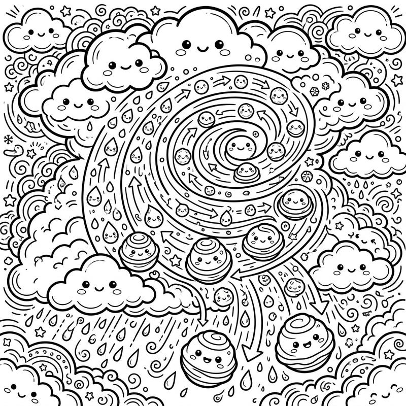 Delve into the fascinating world of meteorology with this adorable Kawaii coloring page illustrating hail formation. Watch as smiling clouds, raindrops, and round hailstones whirl through the atmosphere, ready for your artistic touch.