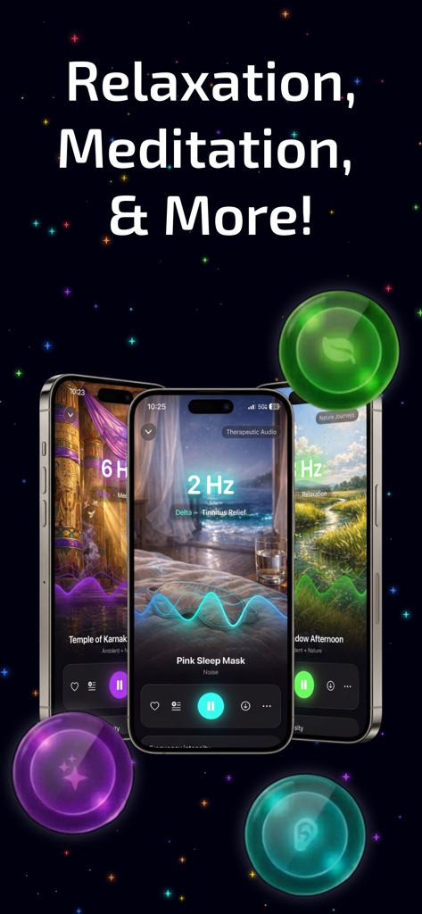 NeuroPulse: Binaural Beats - NeuroPulse app interface showing frequency verified binaural beats for relaxation and meditation