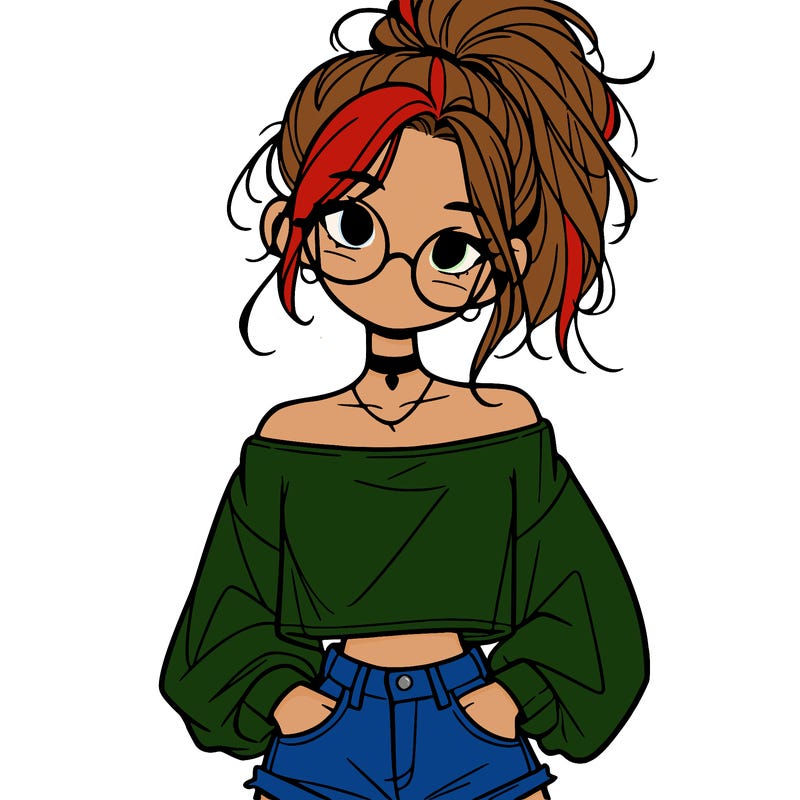 girl with a messy ponytail glasses a baggy crop top and jean shorts