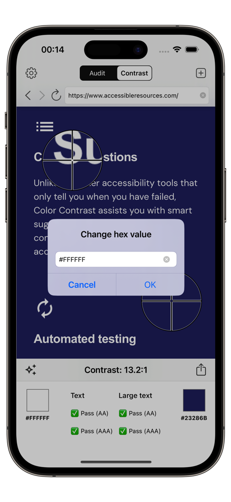 Analyse du contraste des couleurs sur un site web mobile à l'aide de l'application Vérificateur d'accessibilité montrant le statut de conformité WCAG