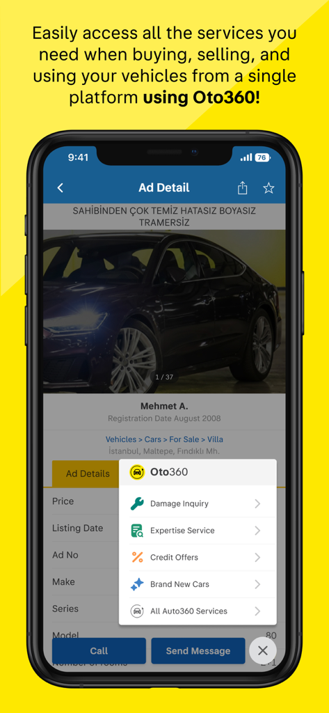 sahibinden #AlSatKiralaKesfet - Listado de automóviles de la aplicación Sahibinden que muestra servicios integrados de Oto360 como consulta de daños y servicio de peritaje.
