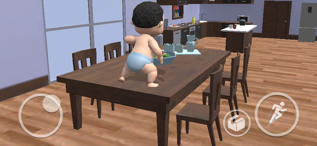 A baby character in a diaper standing on a wooden dining table in a kitchen environment from the game Where is He Find Daddy