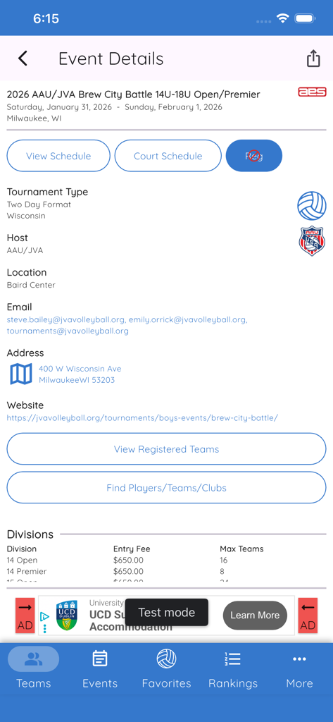 Volleyball Hub - Volleyball Hub app event details screen showing tournament schedule and registration info