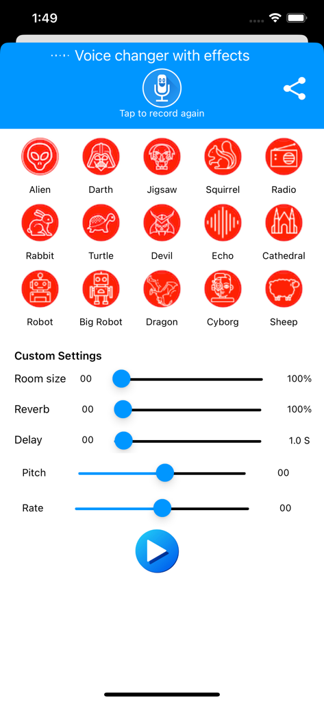 Voice Changer With Echo Effect - Main interface of the Voice Changer app showing character voice presets and audio adjustment sliders