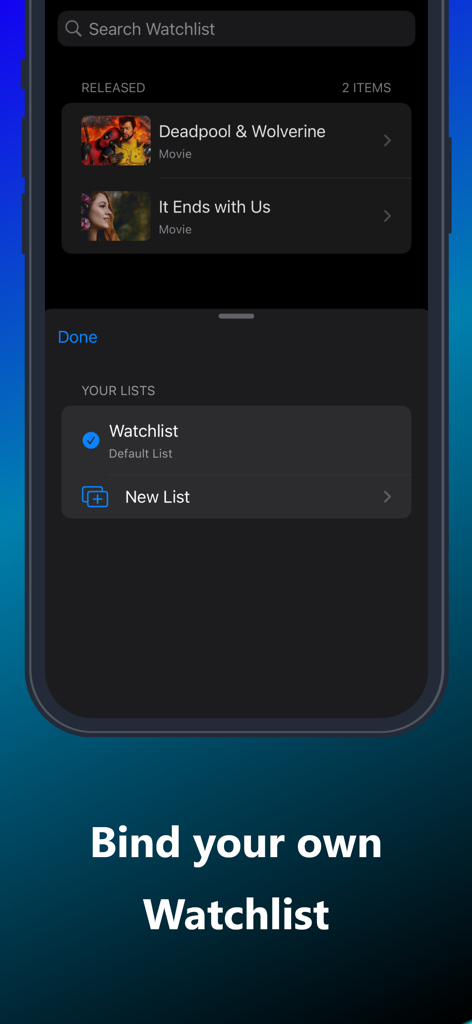 Just Watch For Pikashow - Interface of the Just Watch For Pikashow app showing a movie watchlist and the option to create a new list