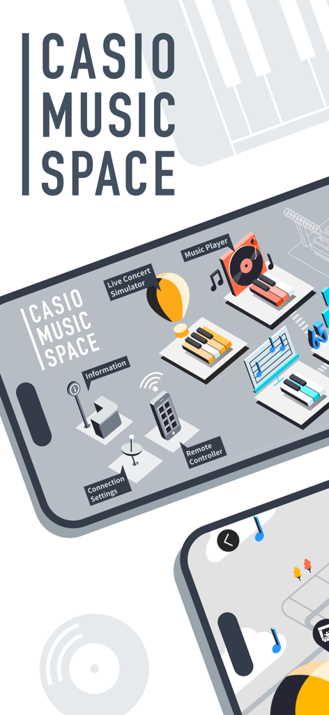 An isometric 3D interface of the Casio Music Space app showing various features like Live Concert Simulator and Music Player