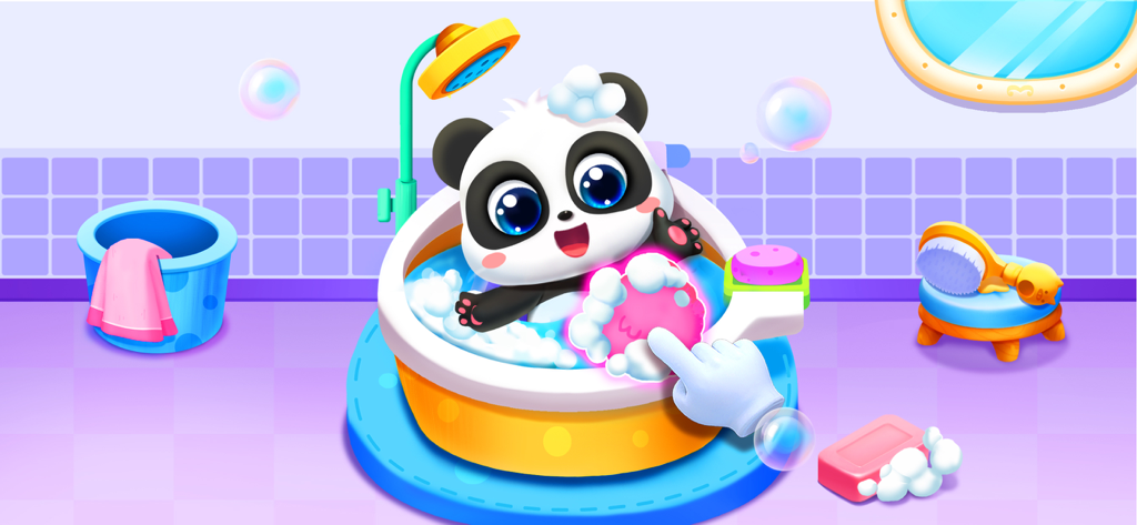 A cute baby panda taking a bubble bath in the Baby Panda Care educational game.