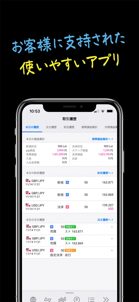 ヒロセ通商 LION FX 5 バーチャル - Tela de histórico de transações do aplicativo de trading LION FX 5 Virtual mostrando resultados de negociação e detalhes de ordens para os pares de moedas GBP/JPY e USD/JPY.