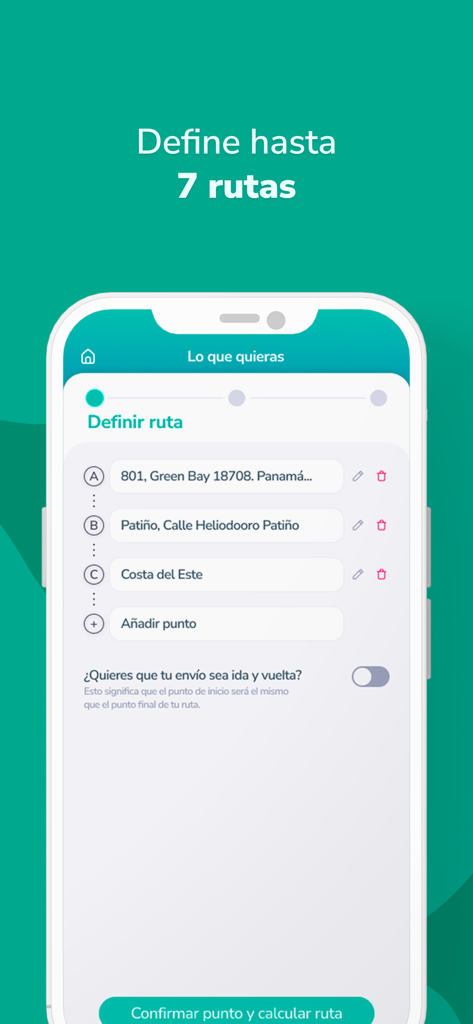 Interface of the ASAP app showing the multi-stop route planning feature for deliveries in Panama.
