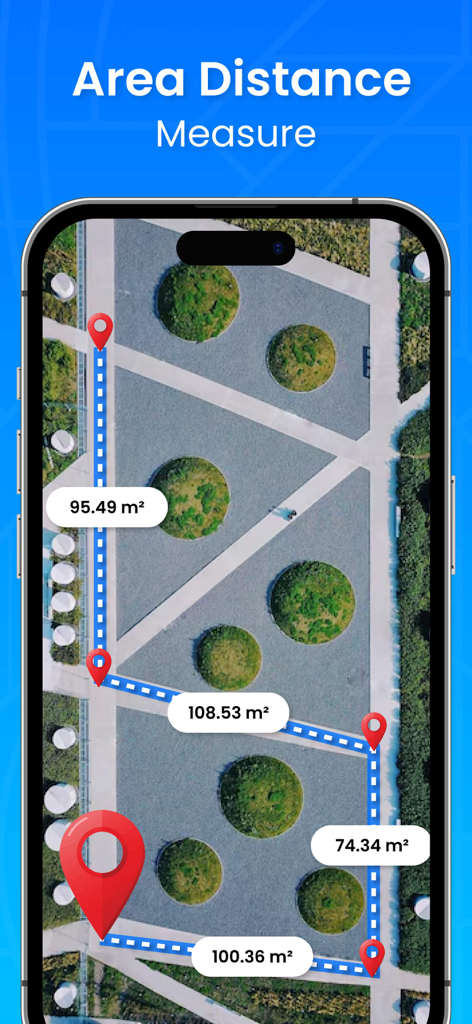 GPS Field Area & Land Measure - GPS Field Area and Land Measure app screen showing area and distance calculations on a satellite map view