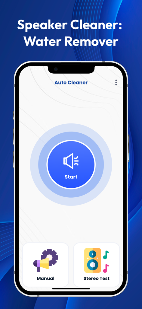 Speaker Cleaner - Water eject° - Interfaz de la aplicación Speaker Cleaner mostrando el botón de inicio del Limpiador Automático y opciones para limpieza manual y prueba estéreo.