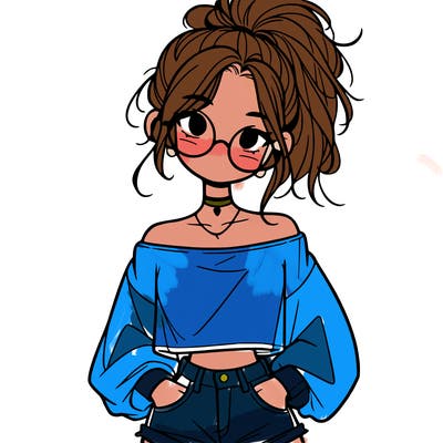 girl with a messy ponytail glasses a baggy crop top and jean shorts