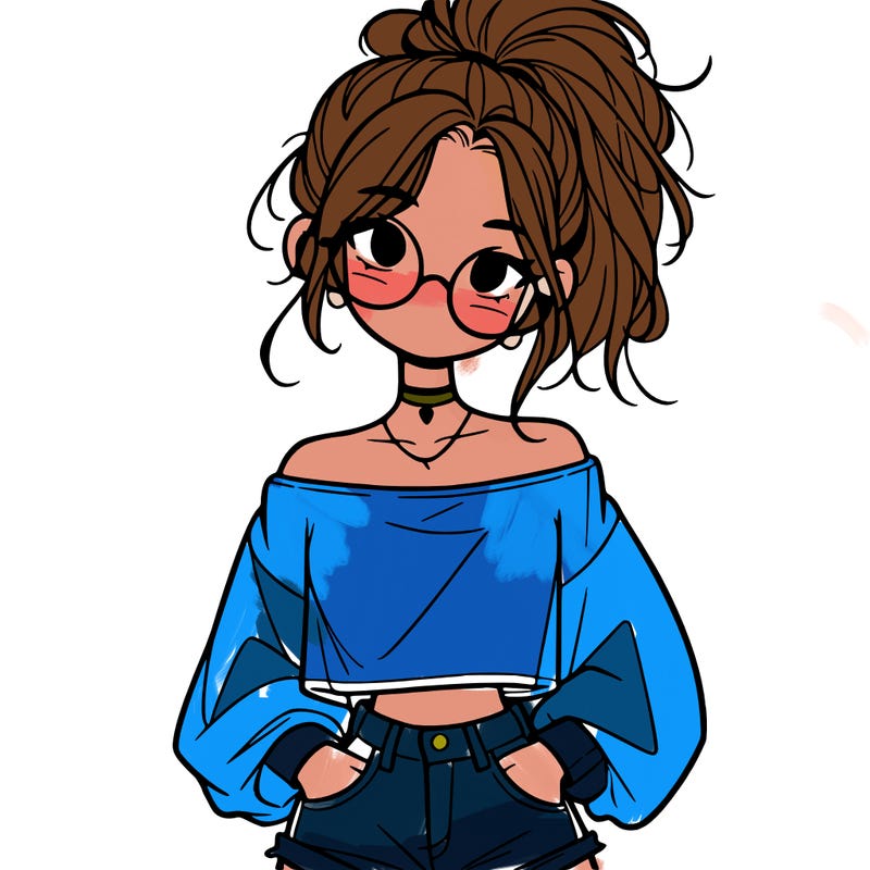 girl with a messy ponytail glasses a baggy crop top and jean shorts