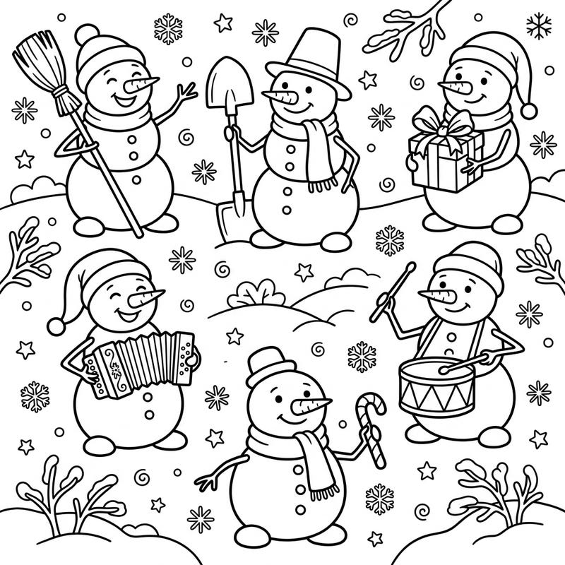 Get ready for a frosty and fun coloring experience with these delightful snowmen! Each happy snowman is engaged in a playful activity, from sweeping snow to playing music, making for a joyful winter scene.