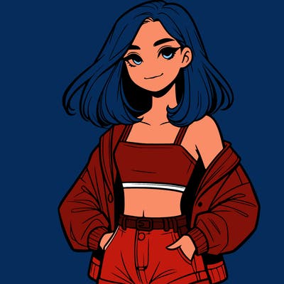 a realistic girl with a crop top and short shorts in an open jacket