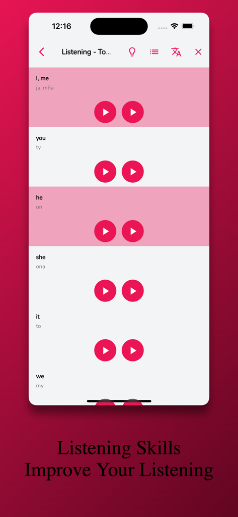 Slovak Learning - Beginners - Pantalla de la aplicación de aprendizaje de idiomas eslovacos para escuchar pronombres que muestra botones de reproducción de audio.