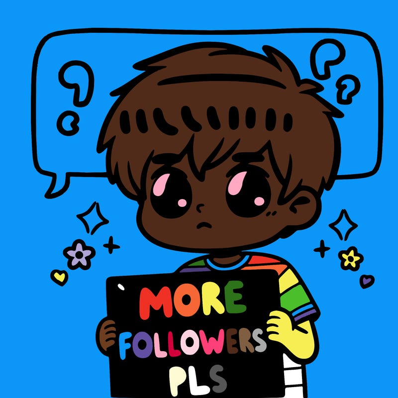 boy with a sign saying more followers pls