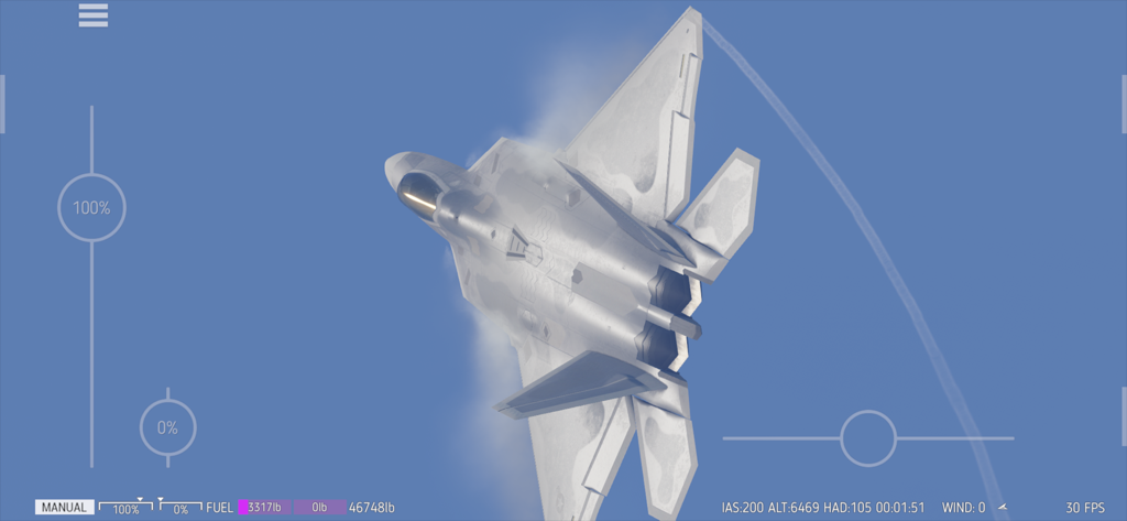 A silver F-22 Raptor fighter jet performing a high-speed maneuver with vapor trails in the Carrier Landing HD flight simulator.