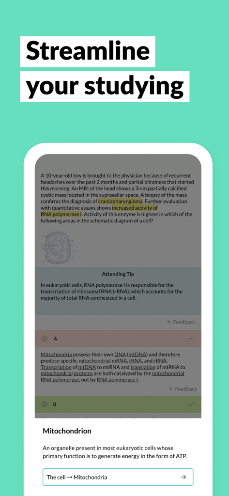 AMBOSS Qbank for Medical Exams - Interfaz de smartphone de la aplicación AMBOSS Qbank que muestra una pregunta de examen médico y consejos de estudio