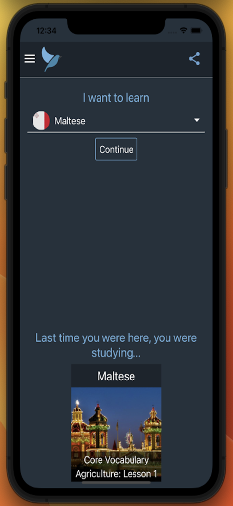 Bluebird: Learn Maltese - Bluebird app home screen showing Maltese language selection and recent lesson progress