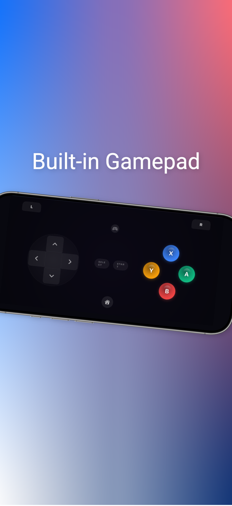 Remote Control for TV - Play + - Um smartphone exibindo uma interface de gamepad digital integrada para jogos em smart TV.