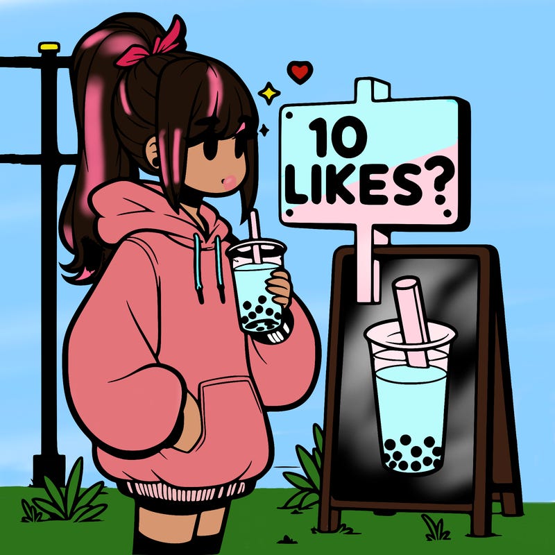 girl with oversized hoodie drinking boba and she has a high ponytail with a sign that says 10likes?