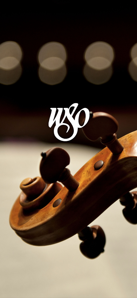 Winnipeg Symphony Orchestra - Winnipeg Symphony Orchestra app intro screen featuring a close up of a cello scroll and the WSO logo