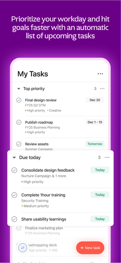 Asana: Work Management - Un écran de smartphone montrant la vue Mes tâches d'Asana avec les tâches de projet prioritaires et les échéances quotidiennes.