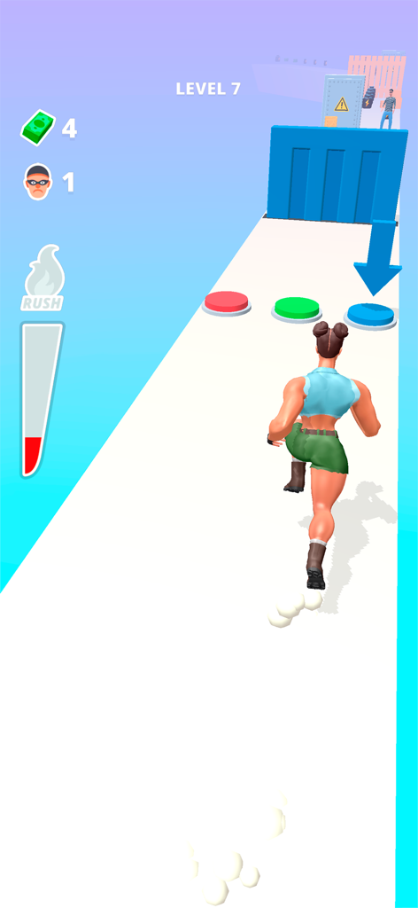 Muscle Rush - Destruction Run - Una personaje femenina musculosa corre en una pista blanca hacia botones de colores en el juego móvil Muscle Rush.