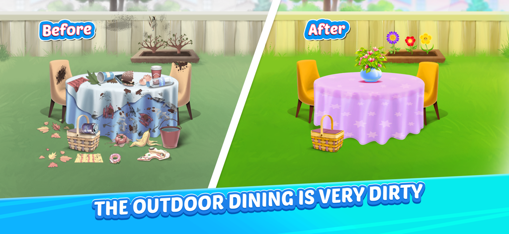 A before and after comparison of a messy outdoor dining area transformed into a clean garden space in the House Cleanup game.