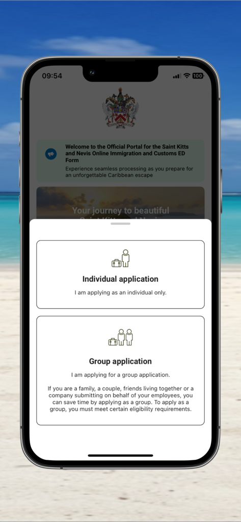 e-Border - St. Kitts & Nevis - Selection screen for individual or group travel applications in the official St Kitts and Nevis e-Border app