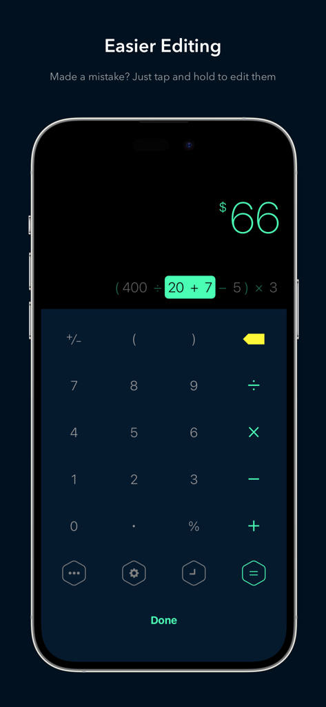 Interface of the Calzy app on an iPhone demonstrating the tap and hold feature to edit parts of a calculation