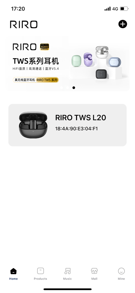 RIRO - Pantalla de inicio de la aplicación móvil RIRO que muestra los auriculares inalámbricos TWS L20 conectados