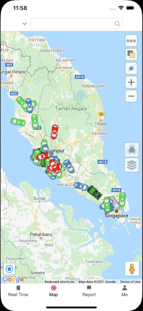 Total Dynamic GPS - Echtzeit-Kartenansicht mehrerer Fahrzeugstandorte innerhalb der Total Dynamic GPS App-Oberfläche