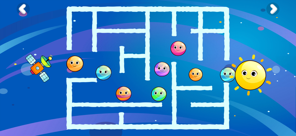 Apples & Bananas Kids App - Interactive space-themed maze puzzle for toddlers featuring cute planet characters and a sun.