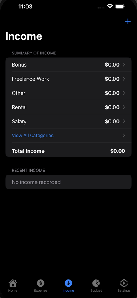 Track.Money - Track.Money app income summary screen showing categories like salary freelance work and rental income in a clean dark mode interface