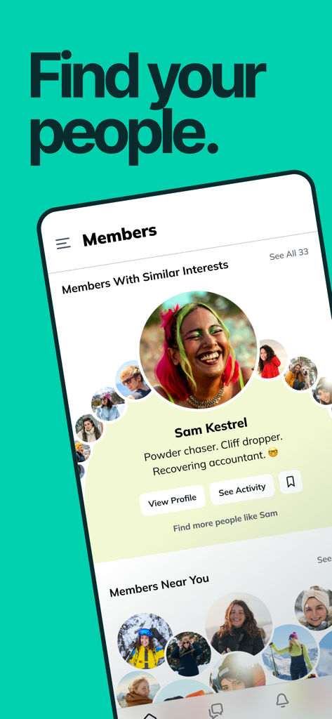 Mighty Networks app interface showing community members with similar interests and proximity based discovery
