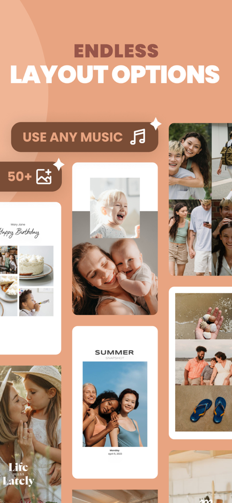 OnBeat: Reels Maker Editor - OnBeat app showing diverse photo and video collage layouts for Reels and Stories