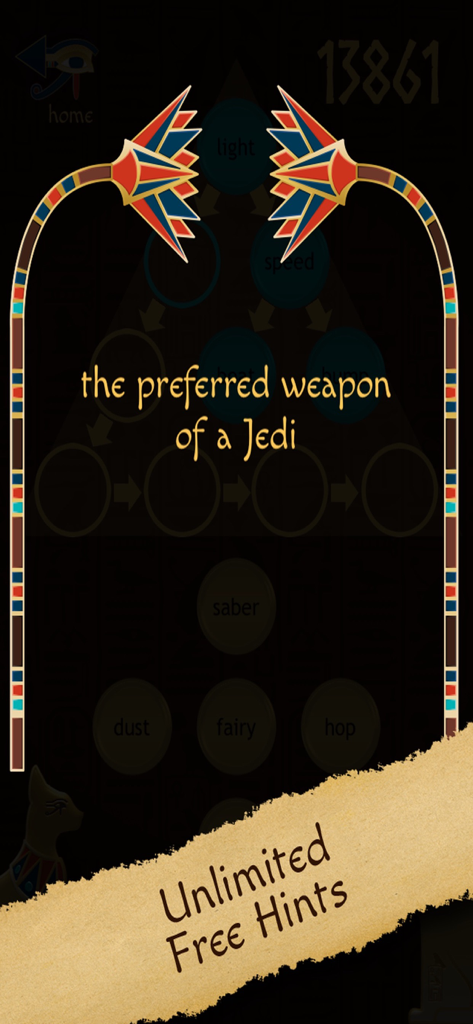 Chain Of Thought 2 word association game screen with a trivia clue and unlimited free hints