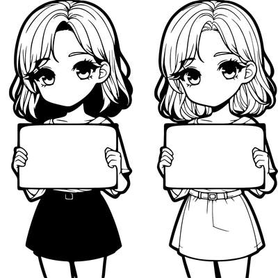 a realistic girl holding a sign