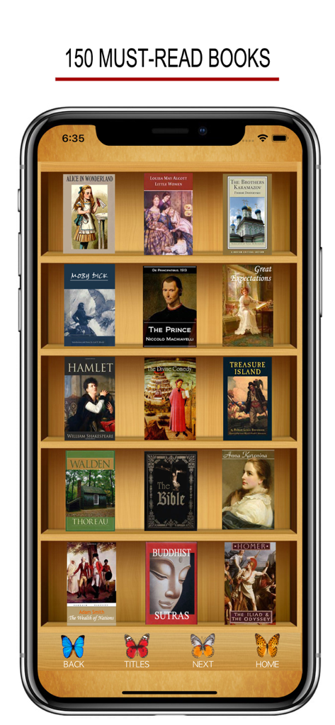 Digital bookshelf interface showing classic book covers in the 150 Must Read Books mobile app