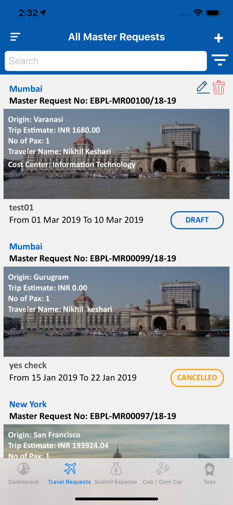 Tess360 mobile app interface showing a list of corporate travel requests with trip details and status