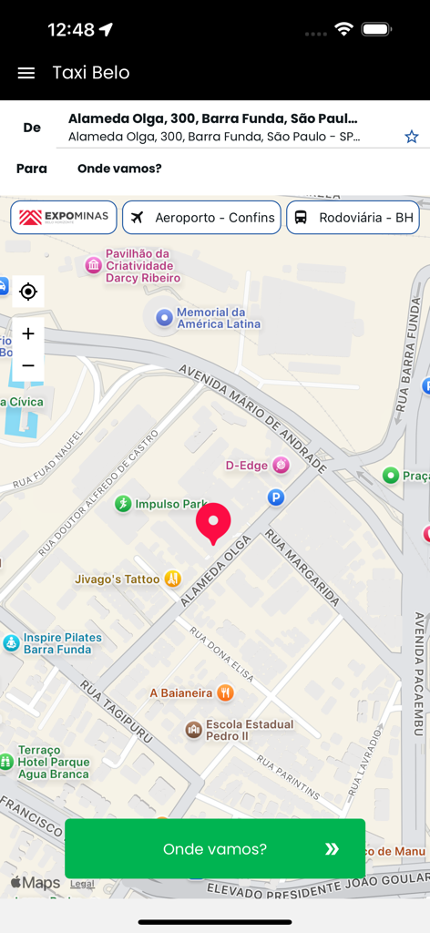 A screenshot of the Taxi Belo mobile app showing a map interface for requesting a ride with destination options like the airport and bus station