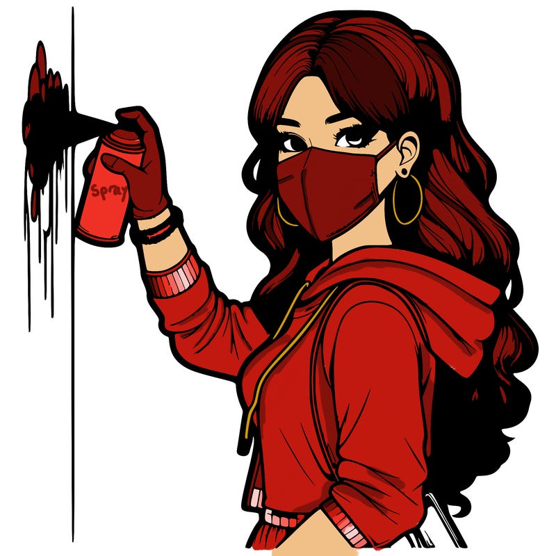 realistic girl with mask spray painting a wall