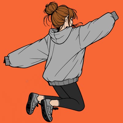 realistic girl jumping with a bun and oversized sweatshirt