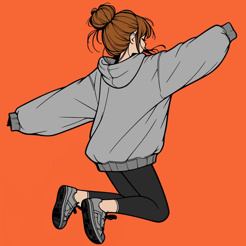 realistic girl jumping with a bun and oversized sweatshirt