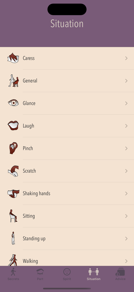 Body Secrets - Die Bildschirmansicht 'Situationen' in der Body Secrets App zeigt Kategorien für Körpersprache wie Blickkontakt und Händeschütteln.