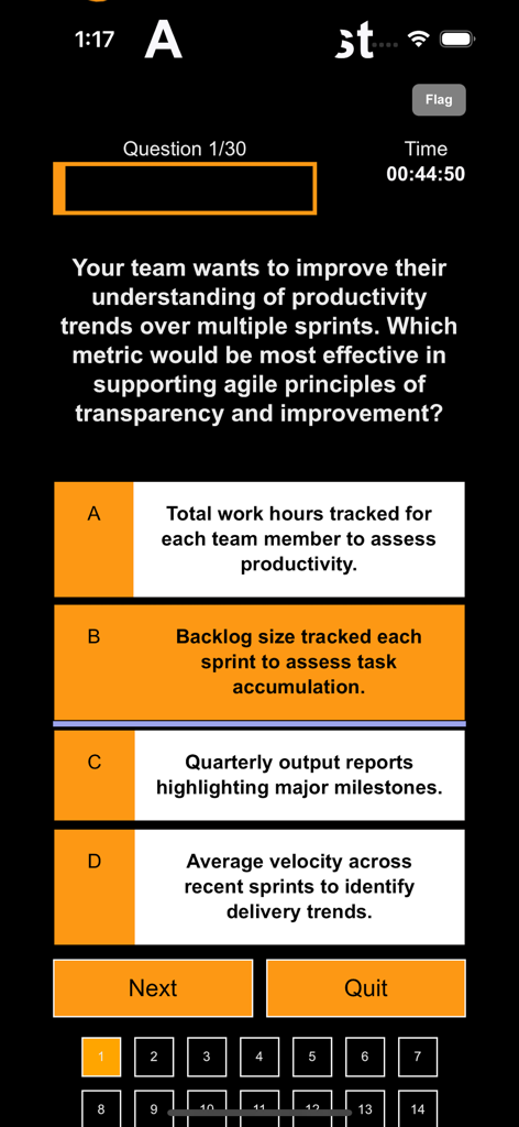 여러 선택 옵션이 있는 애자일 생산성 동향에 대한 PMP 시험 연습 문제를 보여주는 모바일 화면.