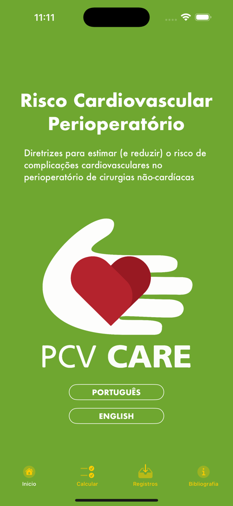 Home screen of the Perioperative risk medical app with PCV CARE logo and language selection