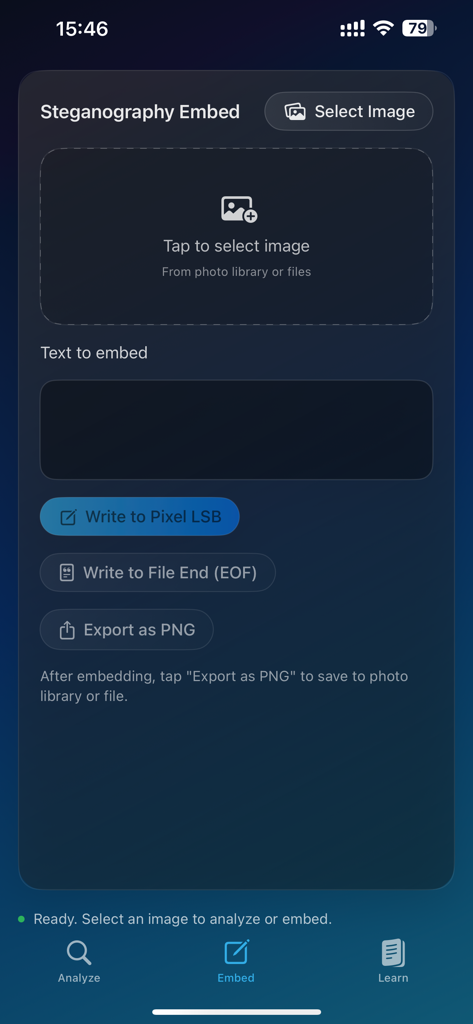 StegInsight - Interface of the StegInsight app showing the Steganography Embed screen for hiding text in images.